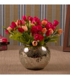 TIED RIBBONS Multicolor Flowers with Mercury Glass Vase for Home Decor Center Table Bedroom Living Room and Office Decoration (Multicolor)